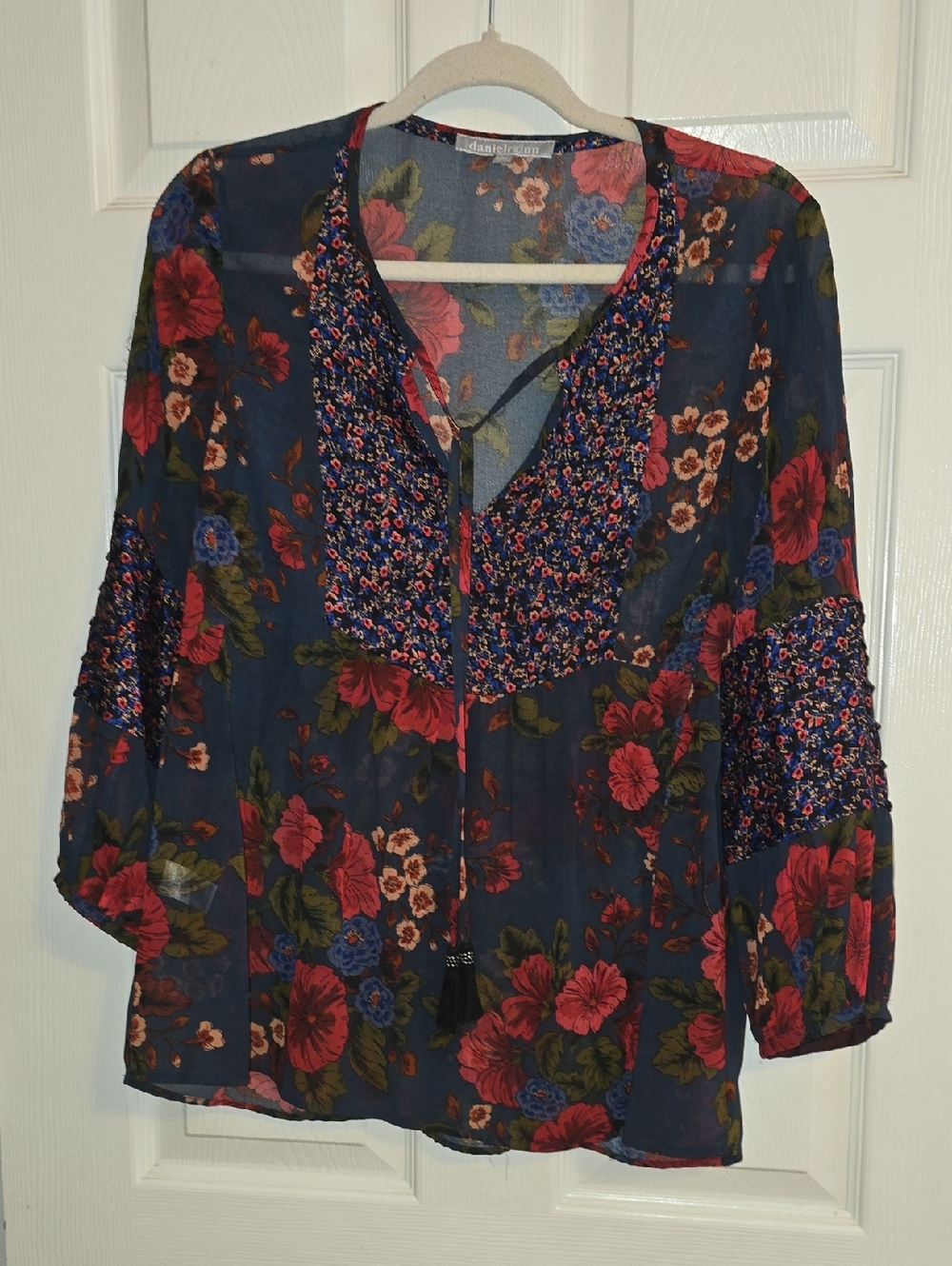 Daniel Rainn Navy Floral Tie-Neck Blouse with Red Accents